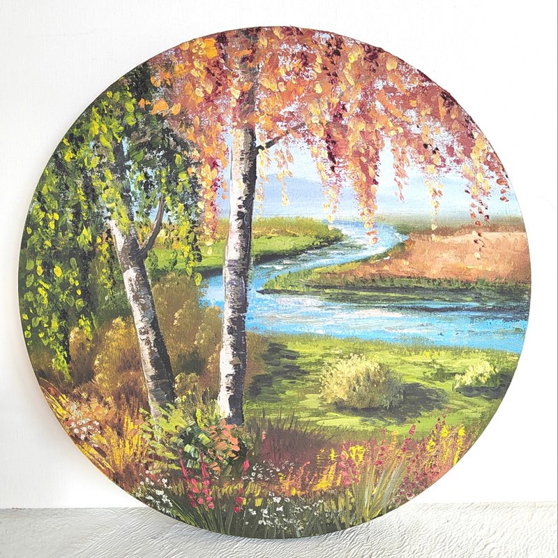 River in the Forest Painting Oil Autumn Landscape Round Wall art Original Art - 海报/装饰画/版画 - 其他金属 多色