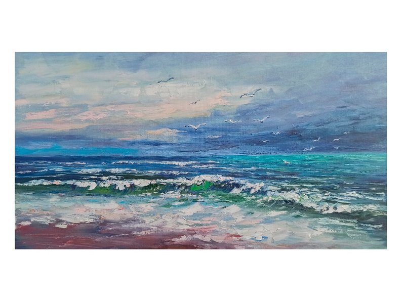 海景油画海鸥原创艺术海洋海边 - 海报/装饰画/版画 - 棉．麻 蓝色