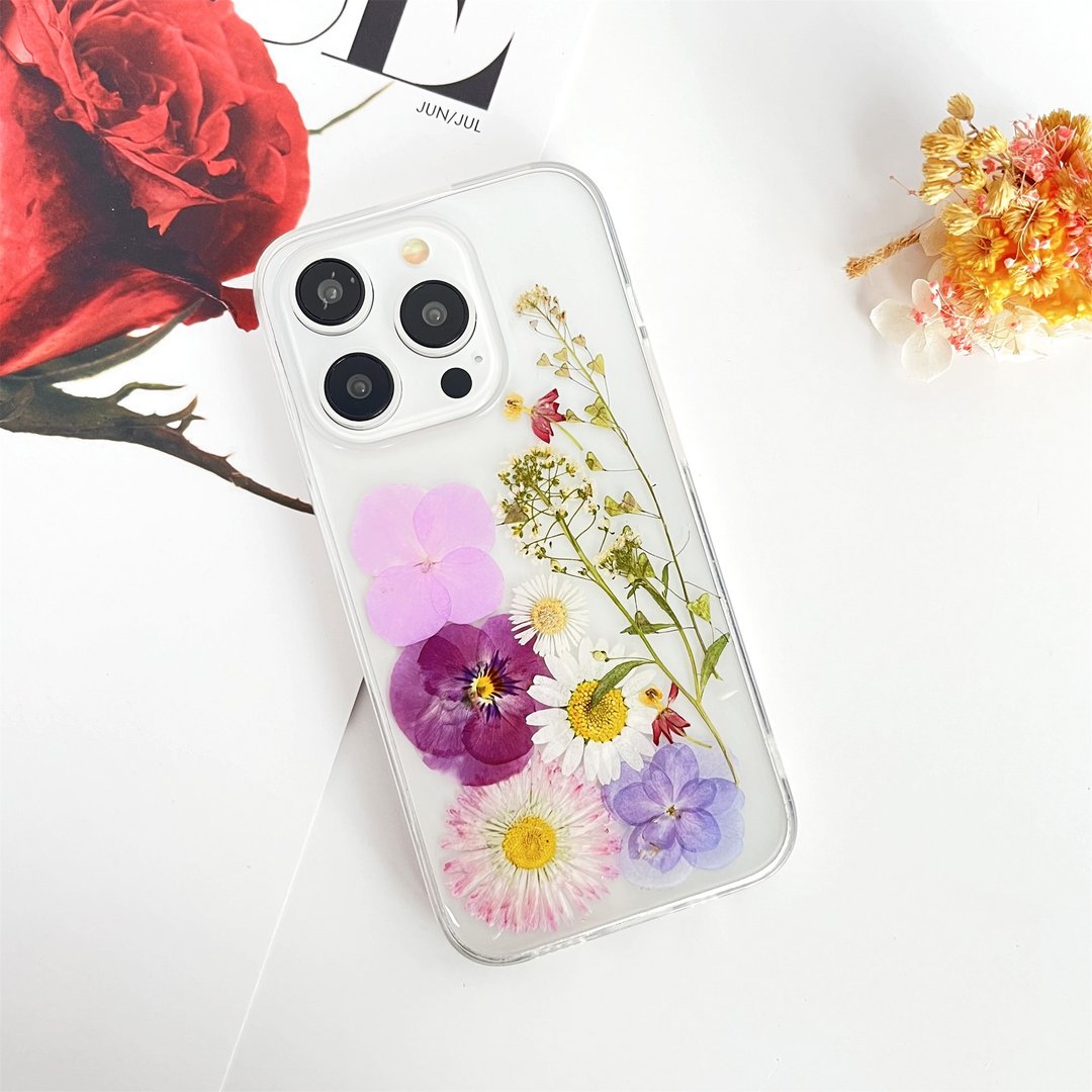 雏菊三色堇飞燕草花押花手机壳 适用于iPhone 16 Pro Samsung S25 - 手机壳/手机套 - 植物．花 