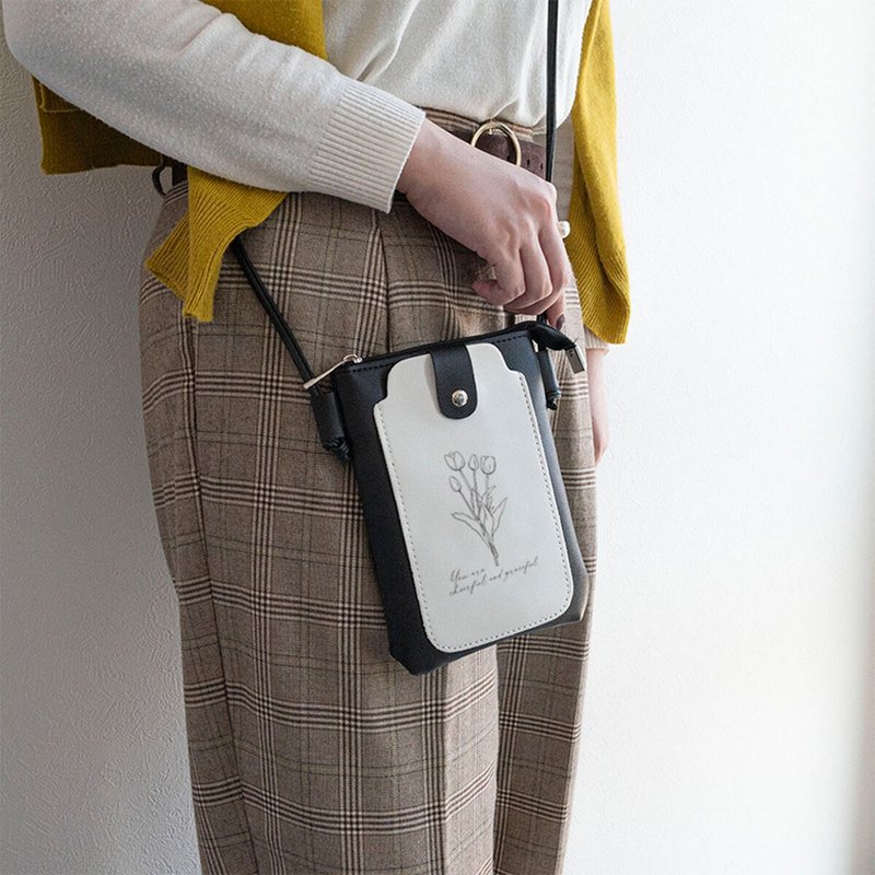 手机斜背包 【设计小包 - flower ‐ 】 手机肩背包 韩风 HE05U - 侧背包/斜挎包 - 真皮 黑色