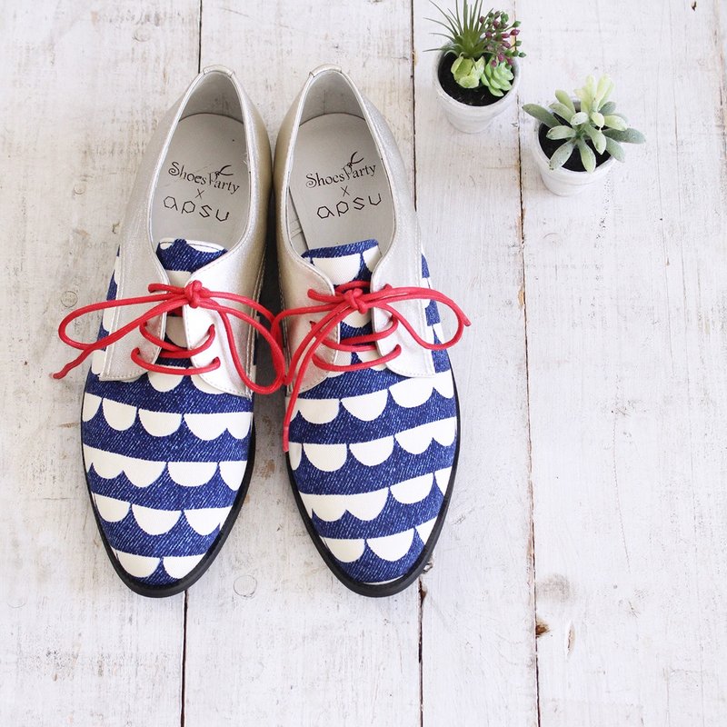 法国小水手德比鞋/女鞋/手工订制/日本布料/真皮/M2-18623F - 女款牛津鞋/乐福鞋 - 棉．麻 蓝色