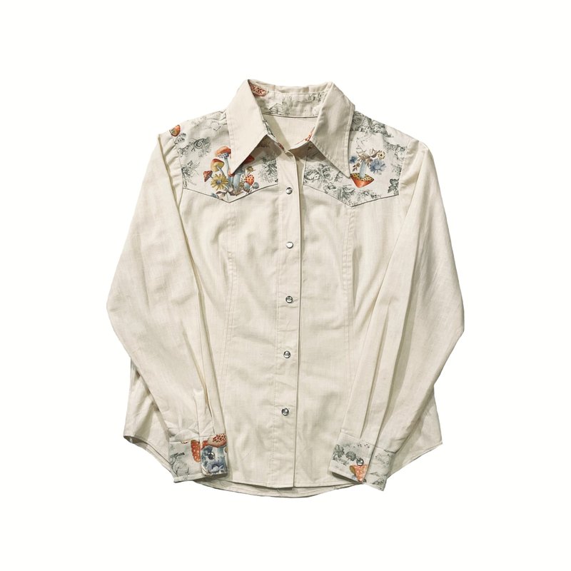 Vintage Patchwork Hippie Shirt 蘑菇彩绘拼接棉麻衬衫 - 女装衬衫 - 棉．麻 卡其色