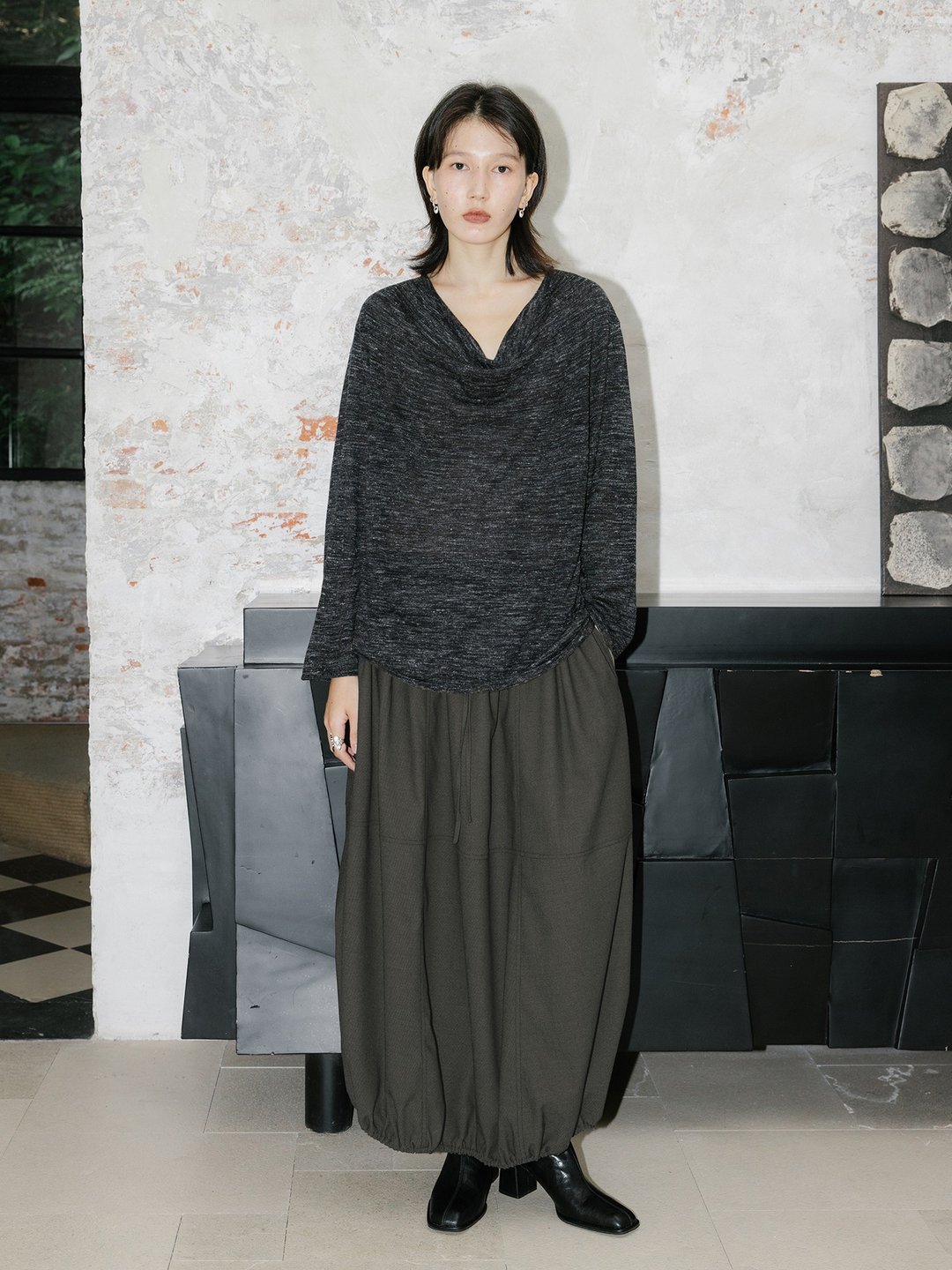 法式复古 / 荡领毛织上衣 慵懒风毛衣 - 女装针织衫/毛衣 - 其他材质 灰色