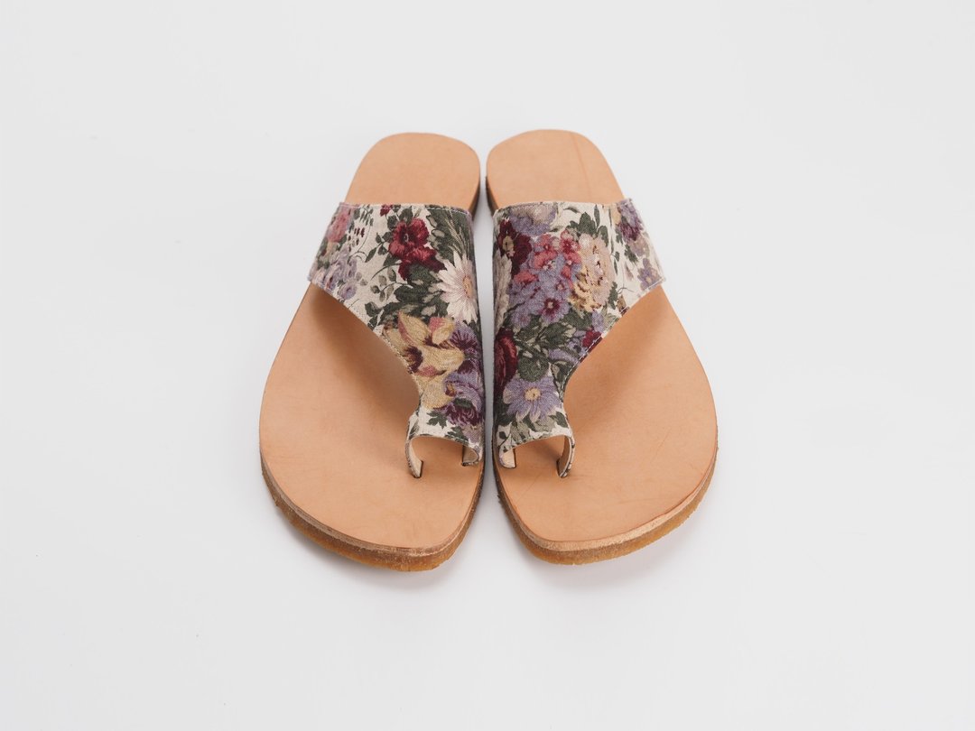 爱花凉鞋sandals- 复古日花布 - 男女凉鞋 - 亚麻 多色