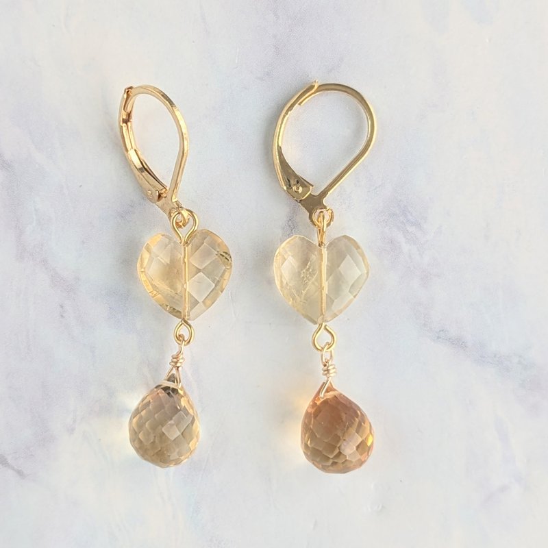 天然宝石耳环　黄水晶　18金PVD镀金防 过敏挂勾款 - 耳环/耳夹 - 宝石 黄色