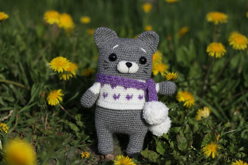 Crochet cat grey, Crochet cat Stuffed, toy knitted cat, Big soft cat - 玩具/玩偶 - 羊毛 