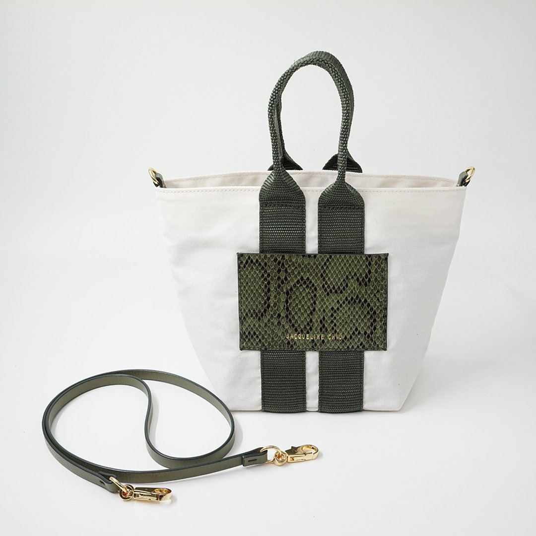 【ComoTote Mini】迷你托特包 蛇纹款 牛皮/纯棉 - 手提包/手提袋 - 棉．麻 白色