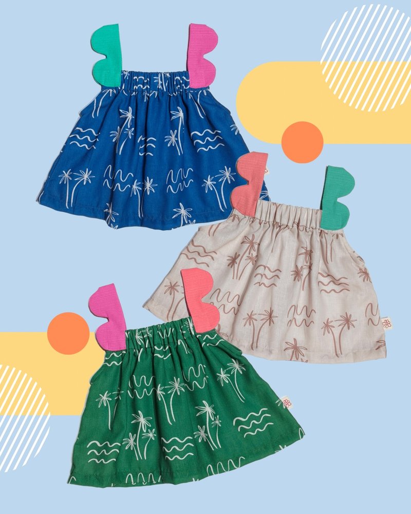 女童背心 2-9岁 -蓝色米色和绿色椰子树印花 - 童装礼服/连衣裙 - 棉．麻 多色