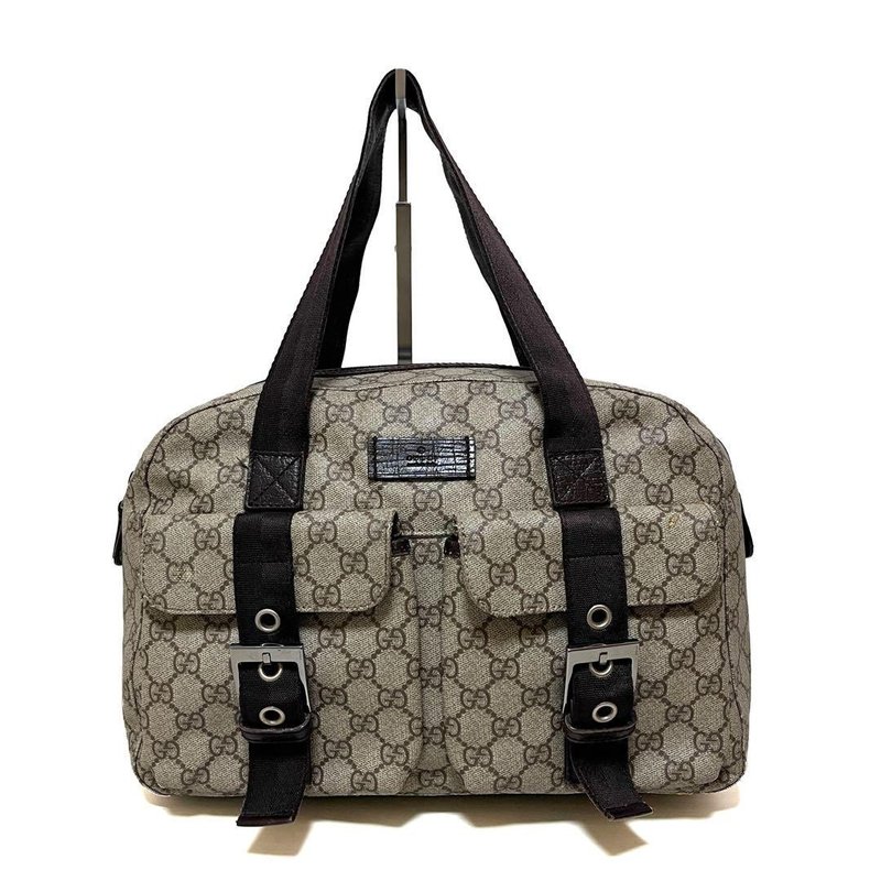 正品 GUCCI 古驰 迷你波士顿包 手提包 GG Supreme PVC 帆布 米色 棕色 中古 - 手提包/手提袋 - 其他材质 