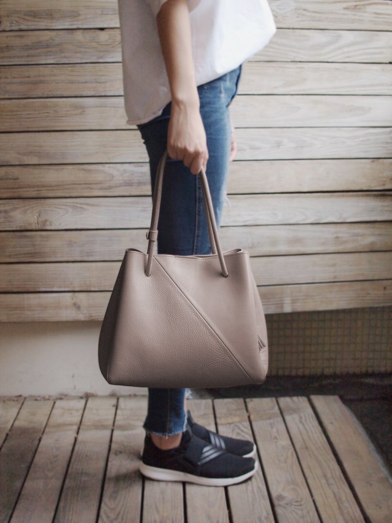 Blanc de Blancs 两用真皮拼接大款风琴托特包-暖灰色 - 侧背包/斜挎包 - 真皮 灰色