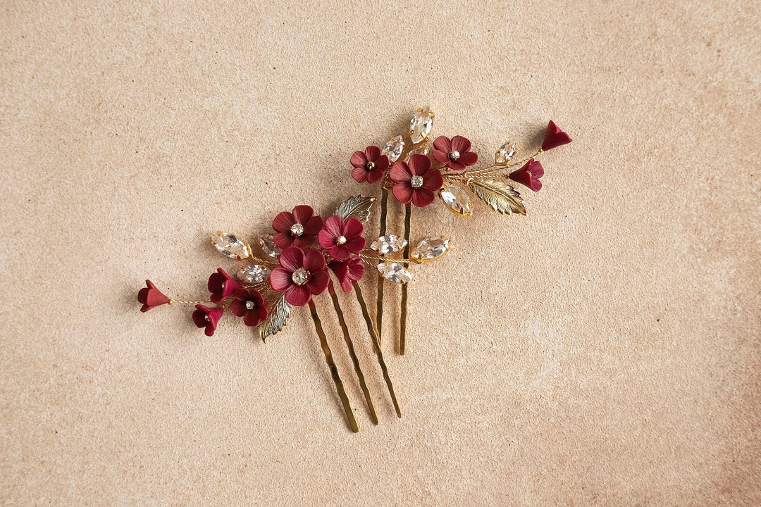 Dark red gold floral hair comb set, Burgundy flower for wedding hairstyle - 发饰 - 粘土 红色