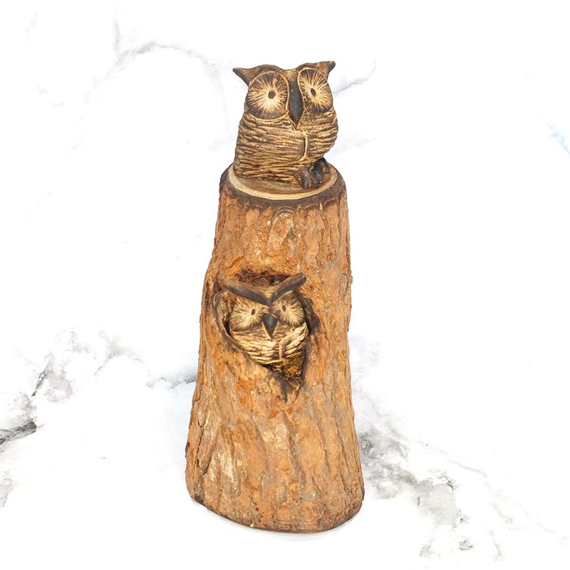 【守财双木雕猫头鹰】藏财树洞×聚气守护-郭国庆原创 - 摆饰 - 木头 咖啡色