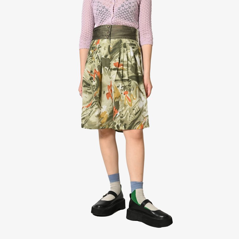 【蛋植物古着】绿影彩绘高腰印花古着短裤 - 女装短裤 - 其他人造纤维 