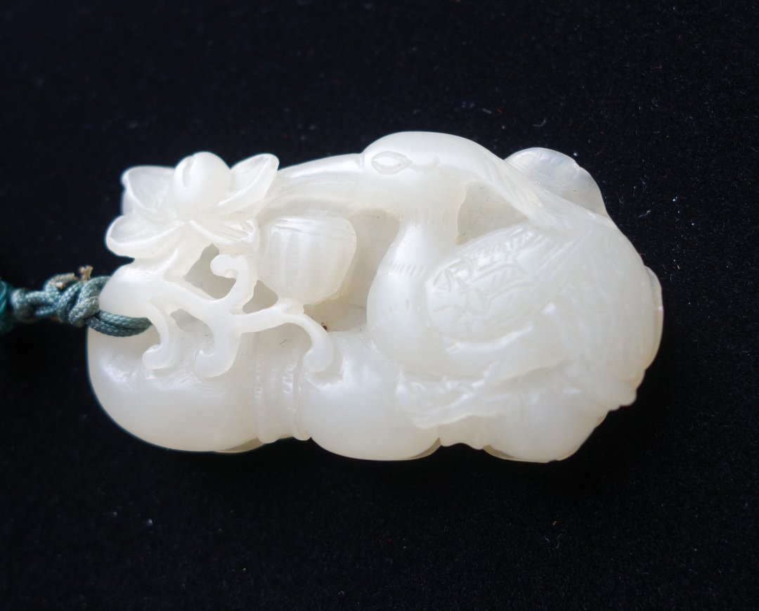 和阗玉 和田玉 白玉挂件 老玉 古玉 天鹅口衔灵芝 古玩 项链 吊坠 - 颈链 - 玉石 白色