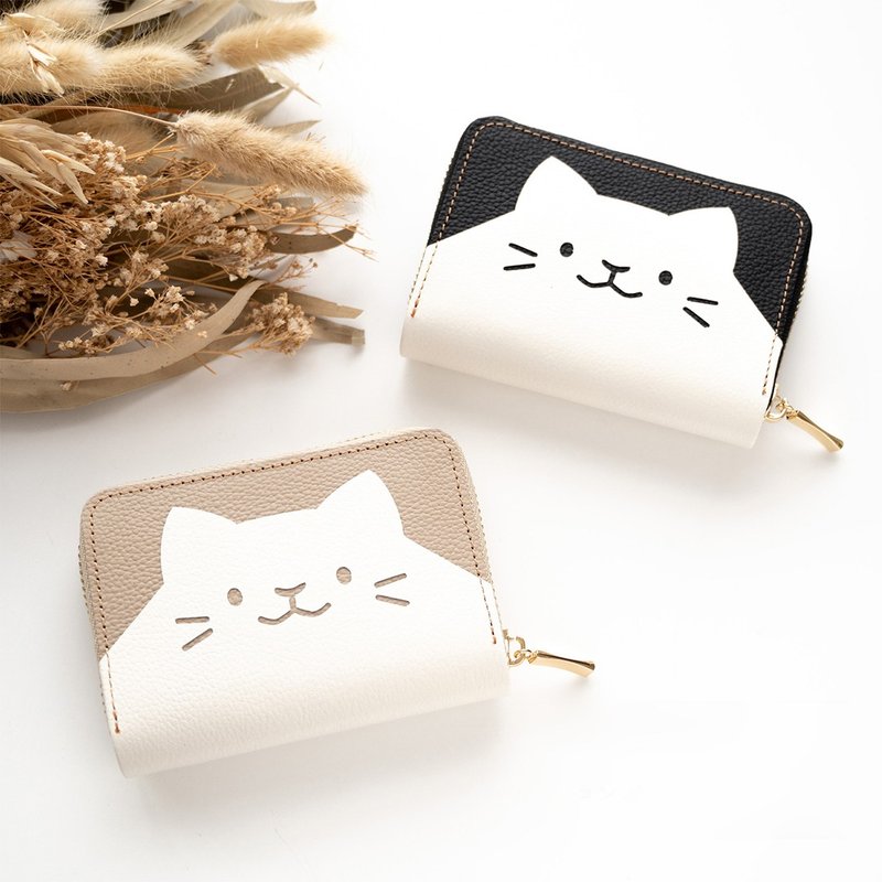 纸钞不需对折 迷你钱包 猫咪款 【缩纹皮革】 真皮小钱包 猫咪 礼物 HW23K - 皮夹/钱包 - 真皮 黑色