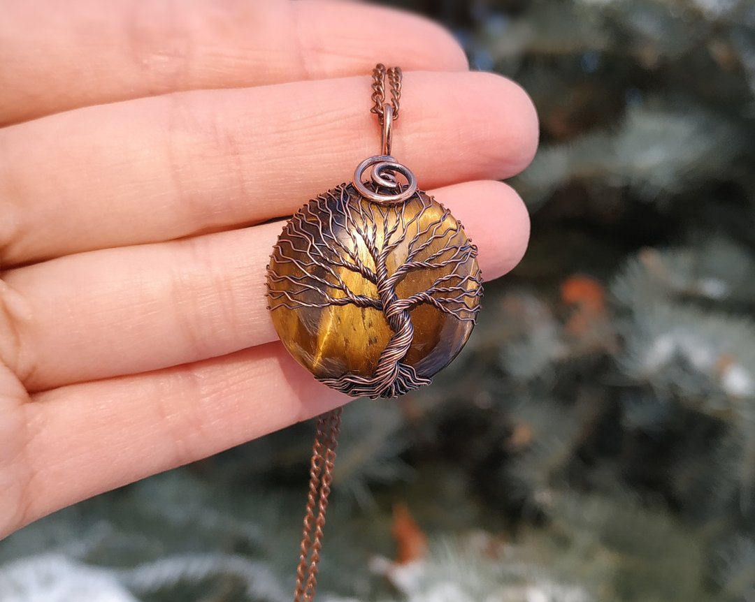 Viking Jewelry for Women, Tigers Eye Necklace, Copper Wire Tree Of Life Pendant - 项链 - 宝石 金色
