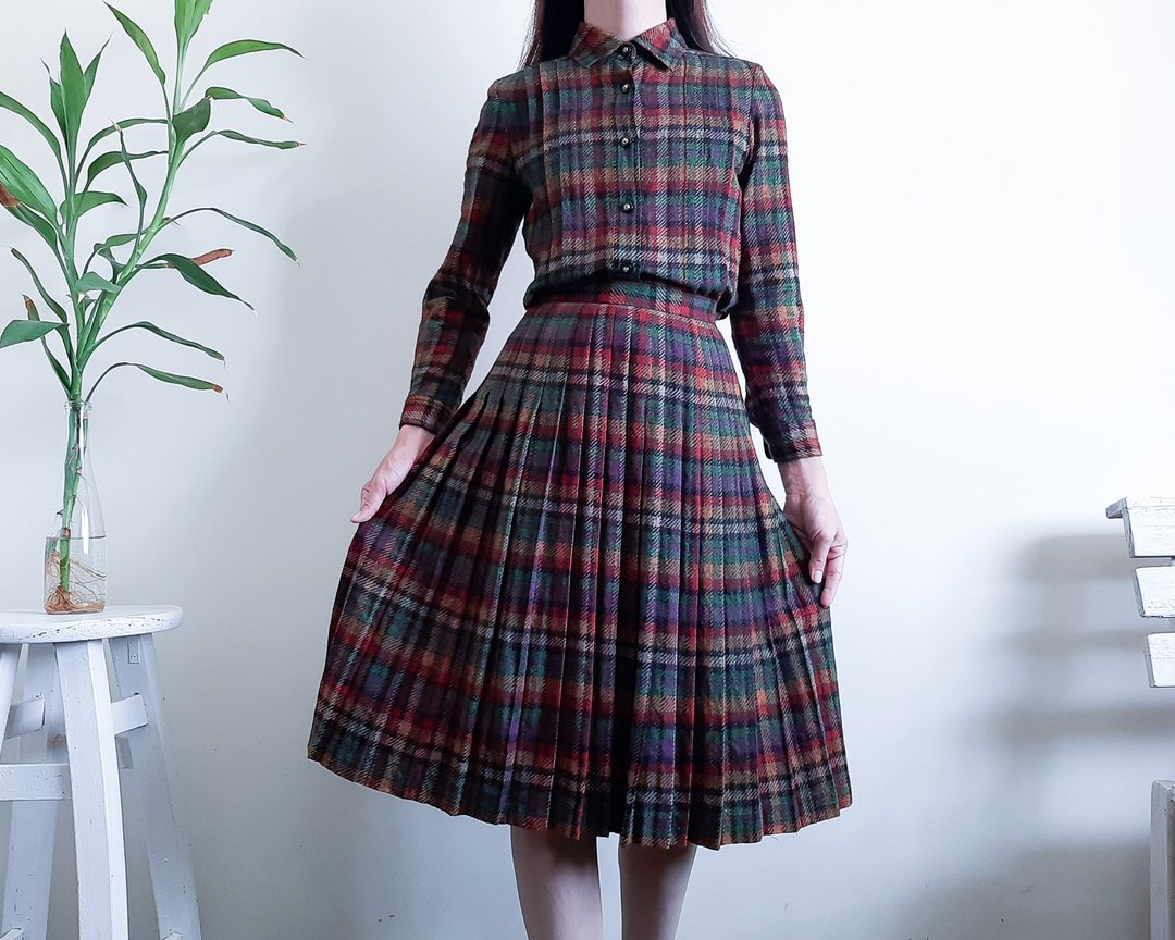 20 世纪 80 年代和 1940 年代 2 件套羊毛褶皱格子格子呢衬衫裙 - 女装衬衫 - 羊毛 多色
