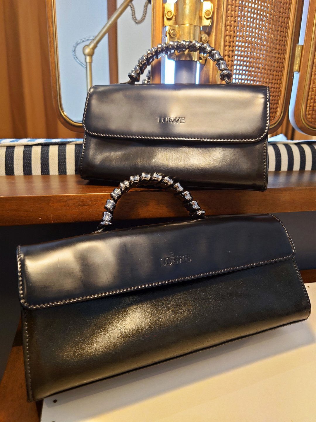 稀有中古美品Loewe 银蛇骨 绿黑 法棍包手挽袋手拿包手提包手提袋 - 手提包/手提袋 - 真皮 黑色