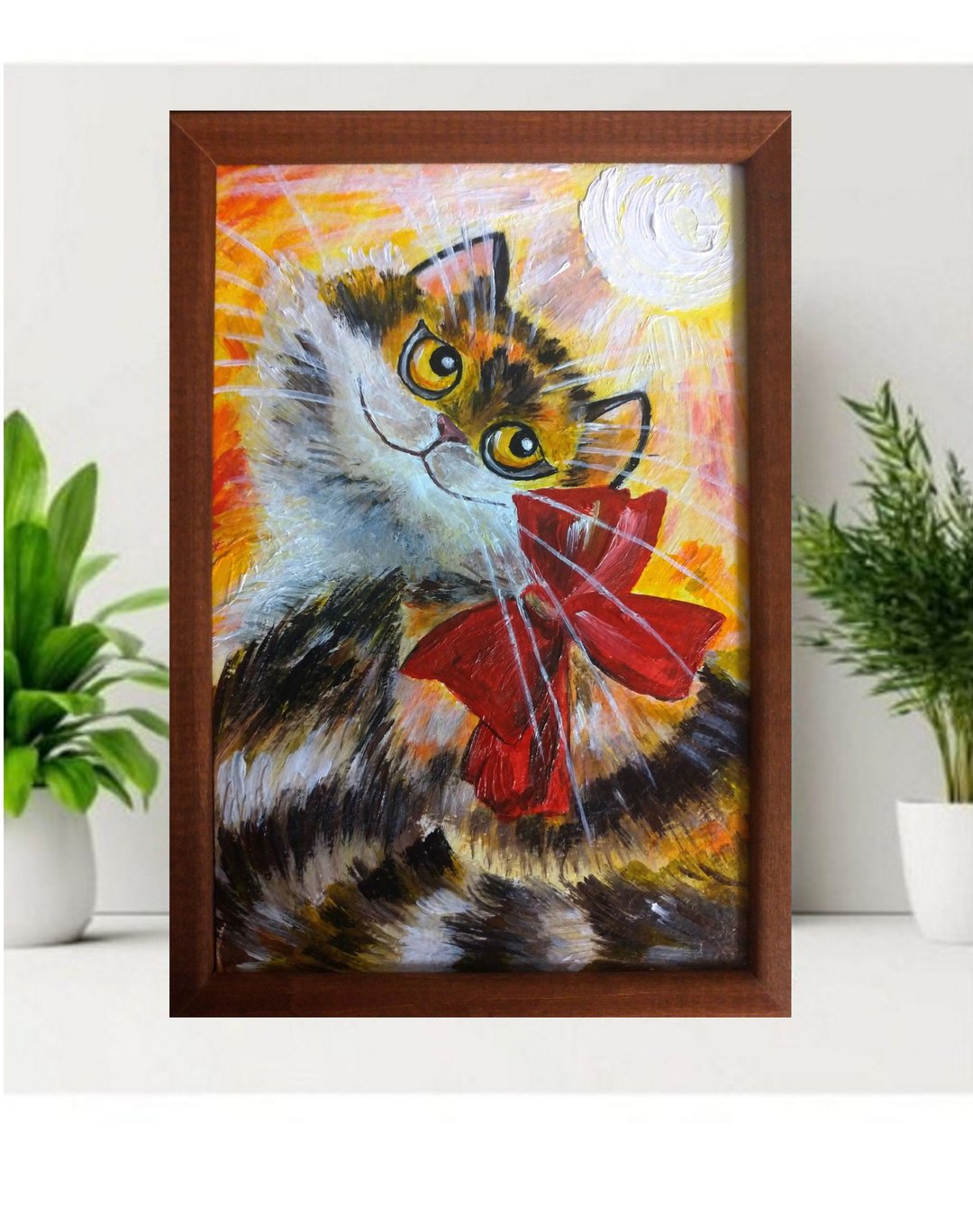 Cat painting Original art Kitty Art Kitten Sunny Morning Art Sun art in a frame - 海报/装饰画/版画 - 压克力 多色