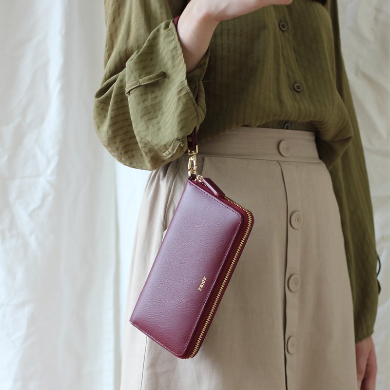 MeLLow - Round Zip Wallet - Dark Red - 皮夹/钱包 - 真皮 红色