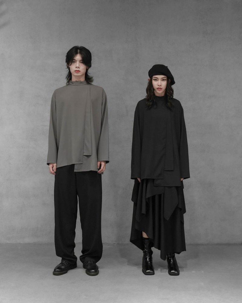 MUKK DESIGN 立领不对称裁片上衣-深灰 - 男装衬衫 - 聚酯纤维 灰色