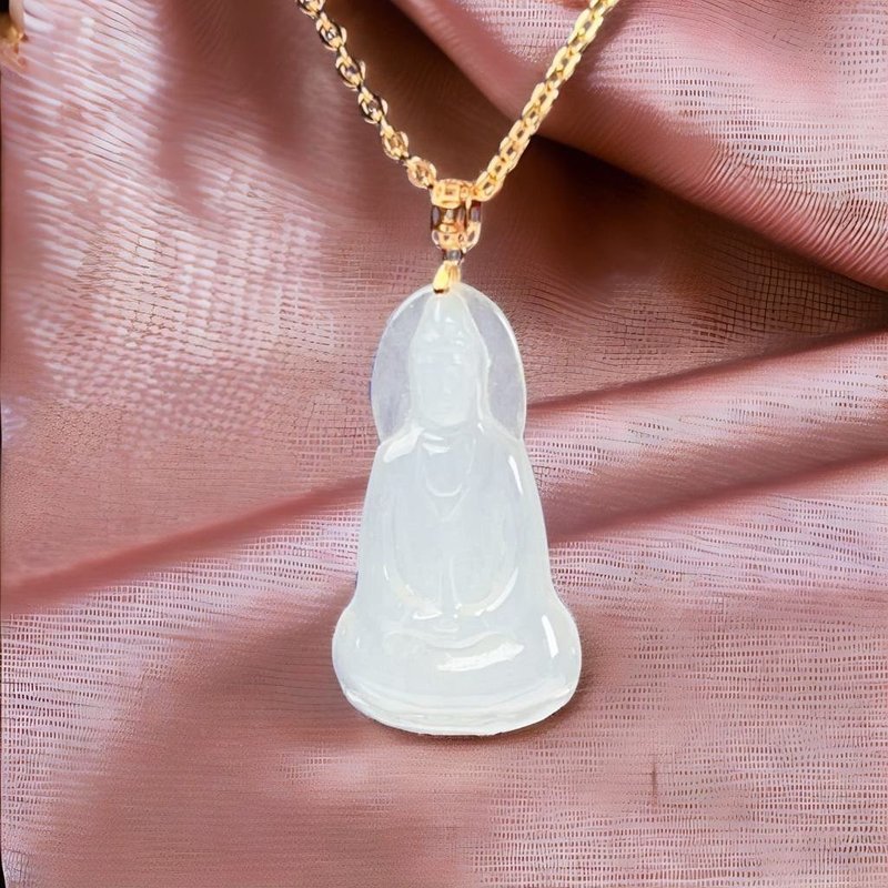 【母亲节特惠】冰种观音菩萨项链18K金头 | 天然缅甸翡翠 | 送礼 - 项链 - 玉石 透明