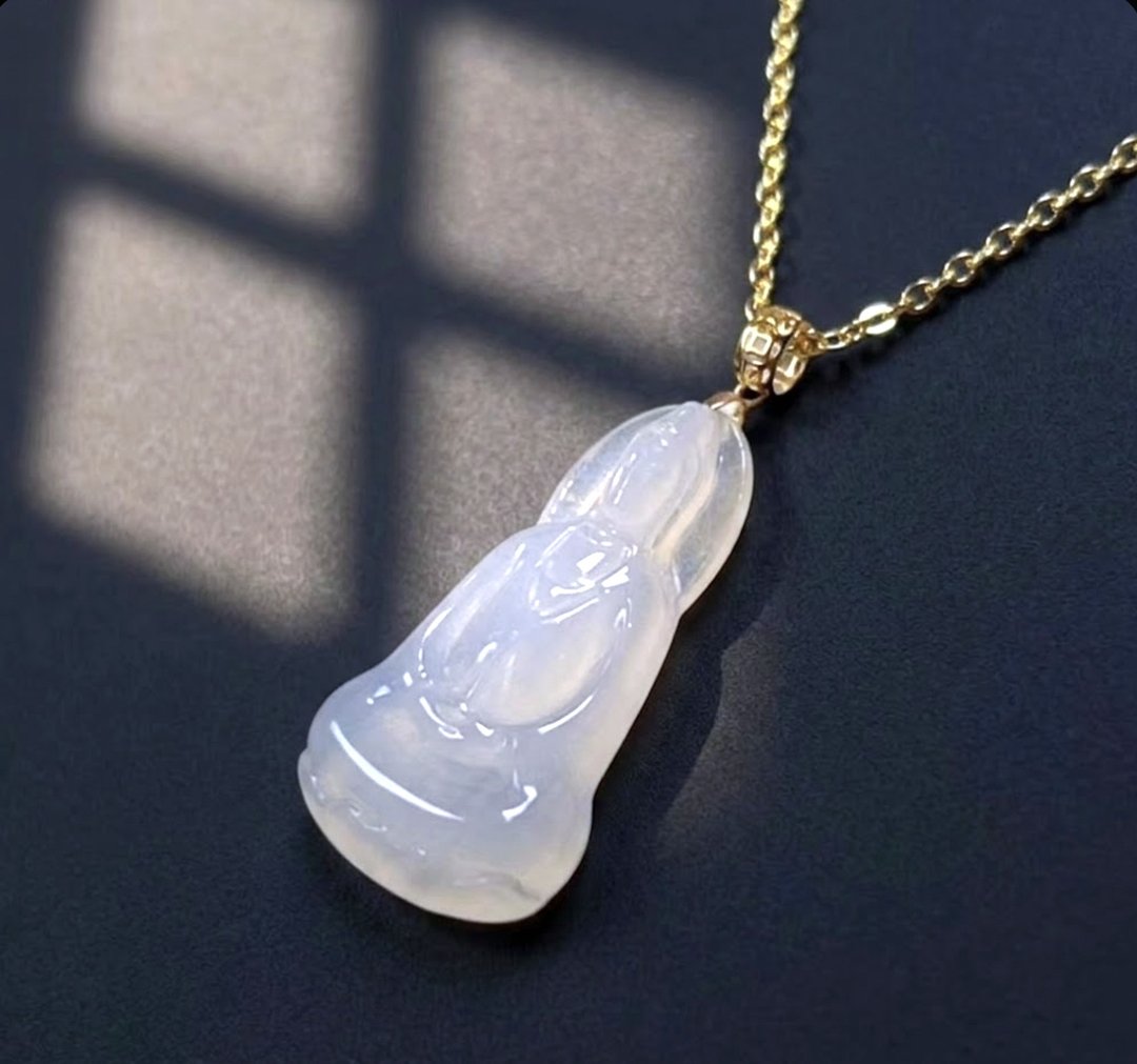 冰种翡翠观音菩萨项链 18K 金坠头 | 天然缅甸玉翡翠 A 货 | 送礼 - 项链 - 玉石 透明
