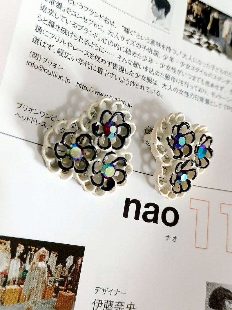 vintage jewelry 古典白珐琅极光花卉 夹式耳环 - 耳环/耳夹 - 其他金属 