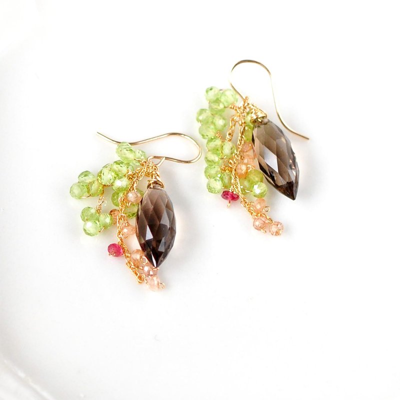 大地私语耳针 -大地的光芒和新鲜的绿色植物 - 烟晶 - 耳环/耳夹 - 宝石 咖啡色