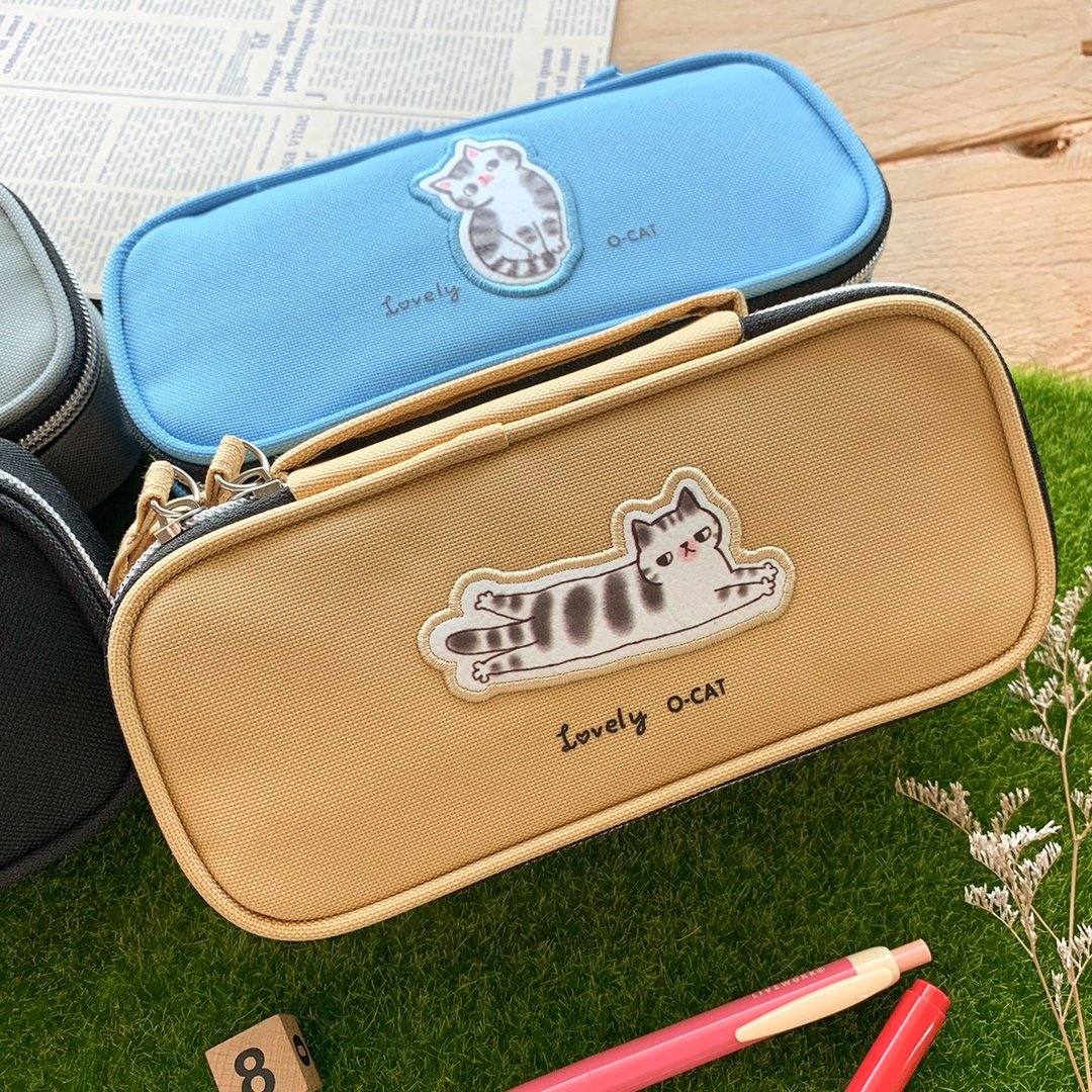 O-CAT－猫咪刺绣皮标上翻笔袋。JPC-130 - 铅笔盒/笔袋 - 尼龙 
