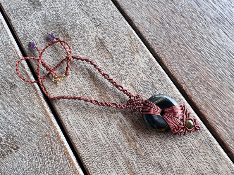 250302 Macrame 黄虎眼石 编织 颈链 - 项链 - 半宝石 咖啡色