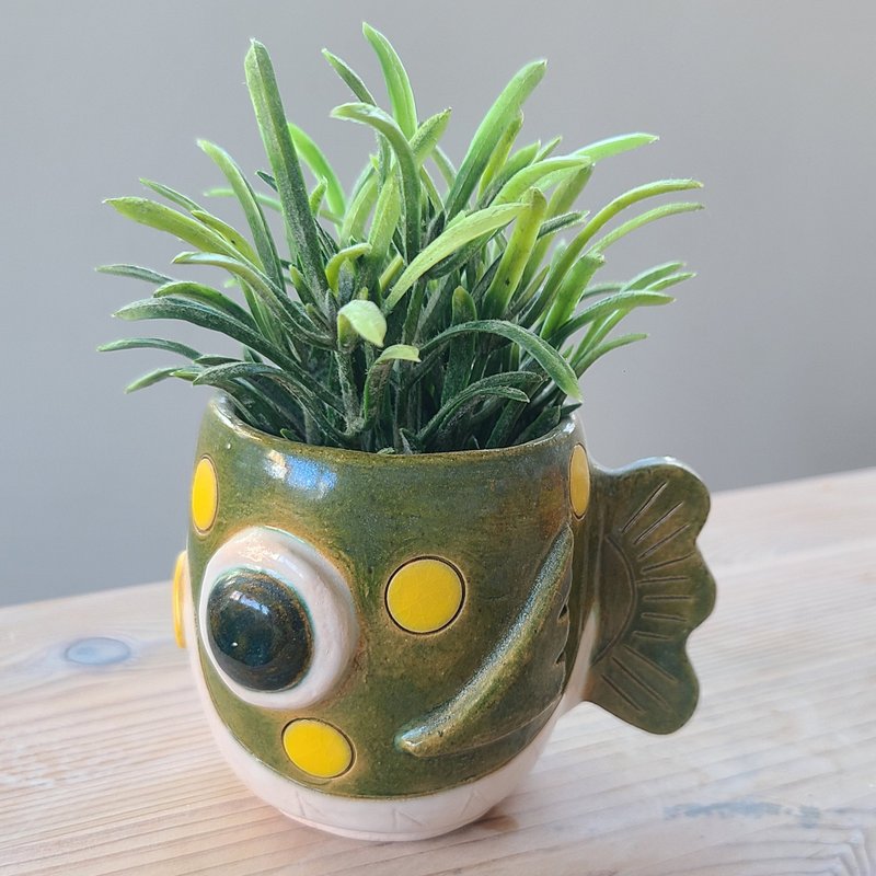 独特的青绿色河豚陶艺花盆 - 花瓶/陶器 - 陶 绿色