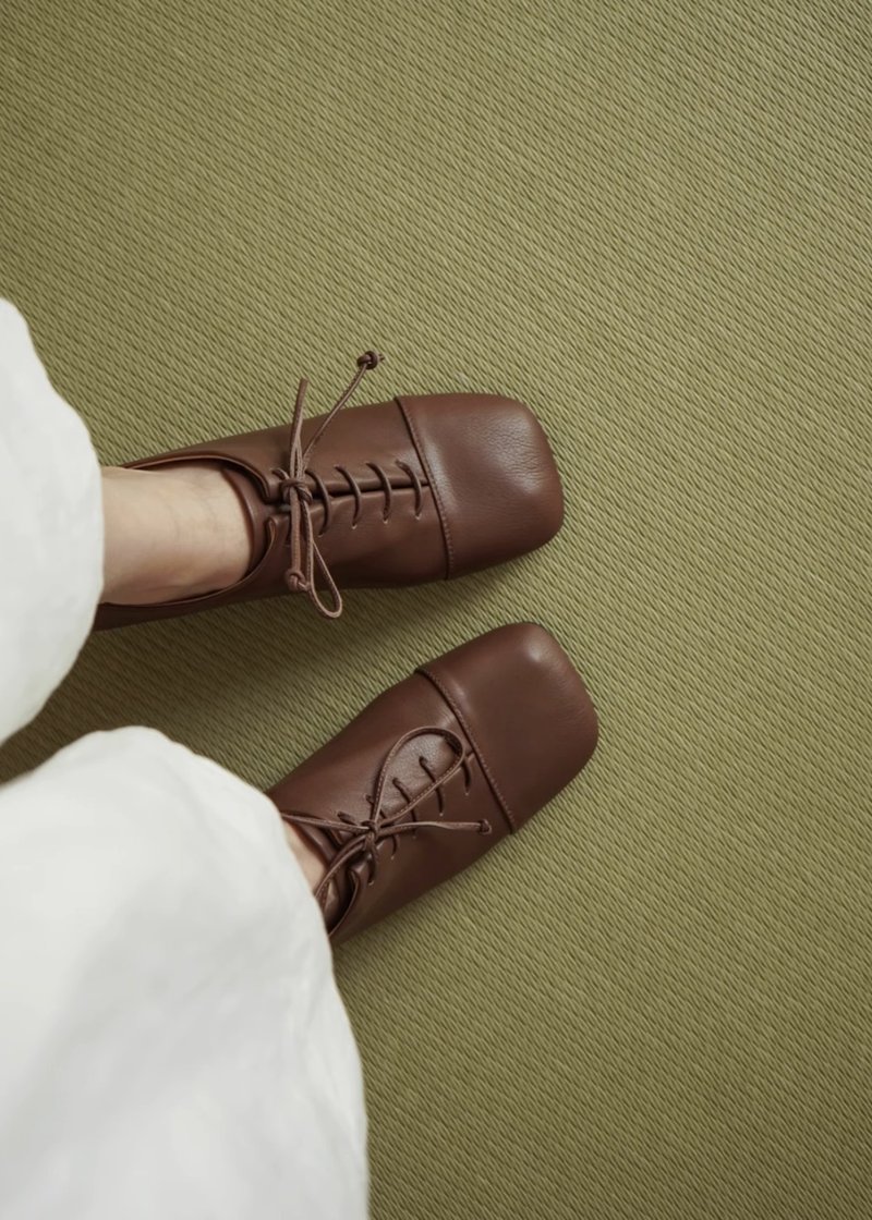 日本产小牛皮 解构式方头系带中跟鞋 棕色 手工製 - 其他女款皮鞋 - 真皮 多色