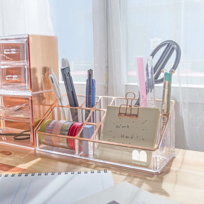玫瑰金/闪耀金 桌上斜口压克力收纳盒 手帐文具收纳 实用礼物 - 笔筒/笔座 - 压克力 金色
