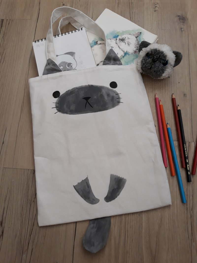 手绘猫咪A4手提袋/肩背袋-暹逻猫 - 手提包/手提袋 - 棉．麻 灰色