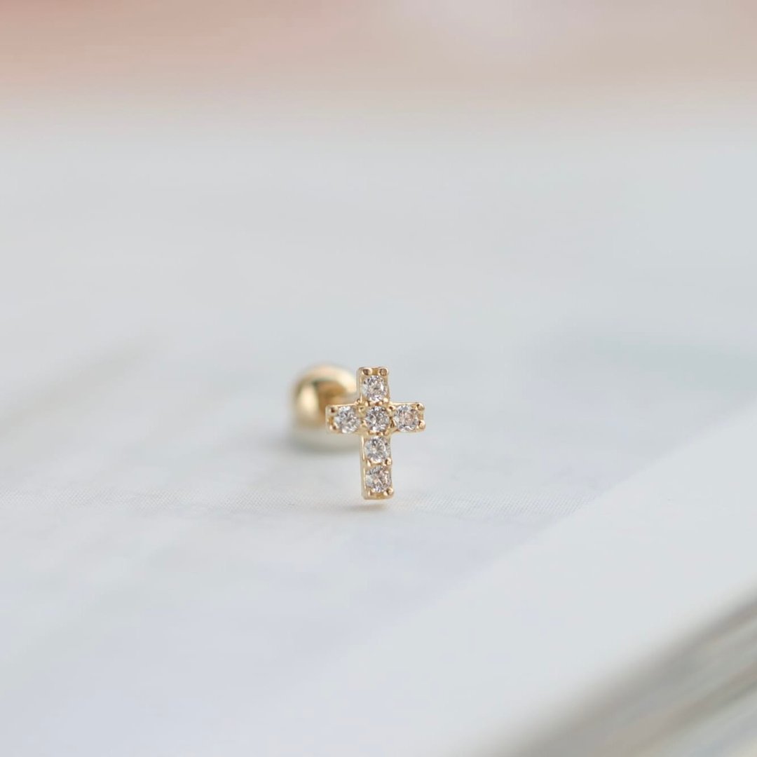 14K 十字架钻锁珠耳环(单个)耳骨 耳窝 不退色 - 耳环/耳夹 - 贵金属 金色