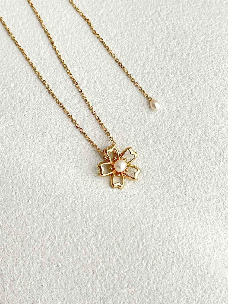 日系日常简洁淡水珍珠樱花韩铜可调校颈链 - 项链 - 珍珠 