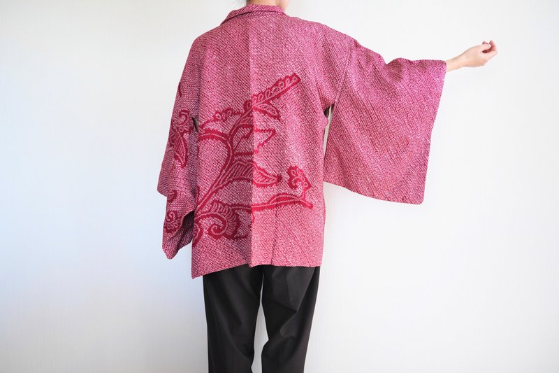 Japanese KIMONO, Shibori kimono, silk haori, authentic kimono - 女装休闲/机能外套 - 丝．绢 红色