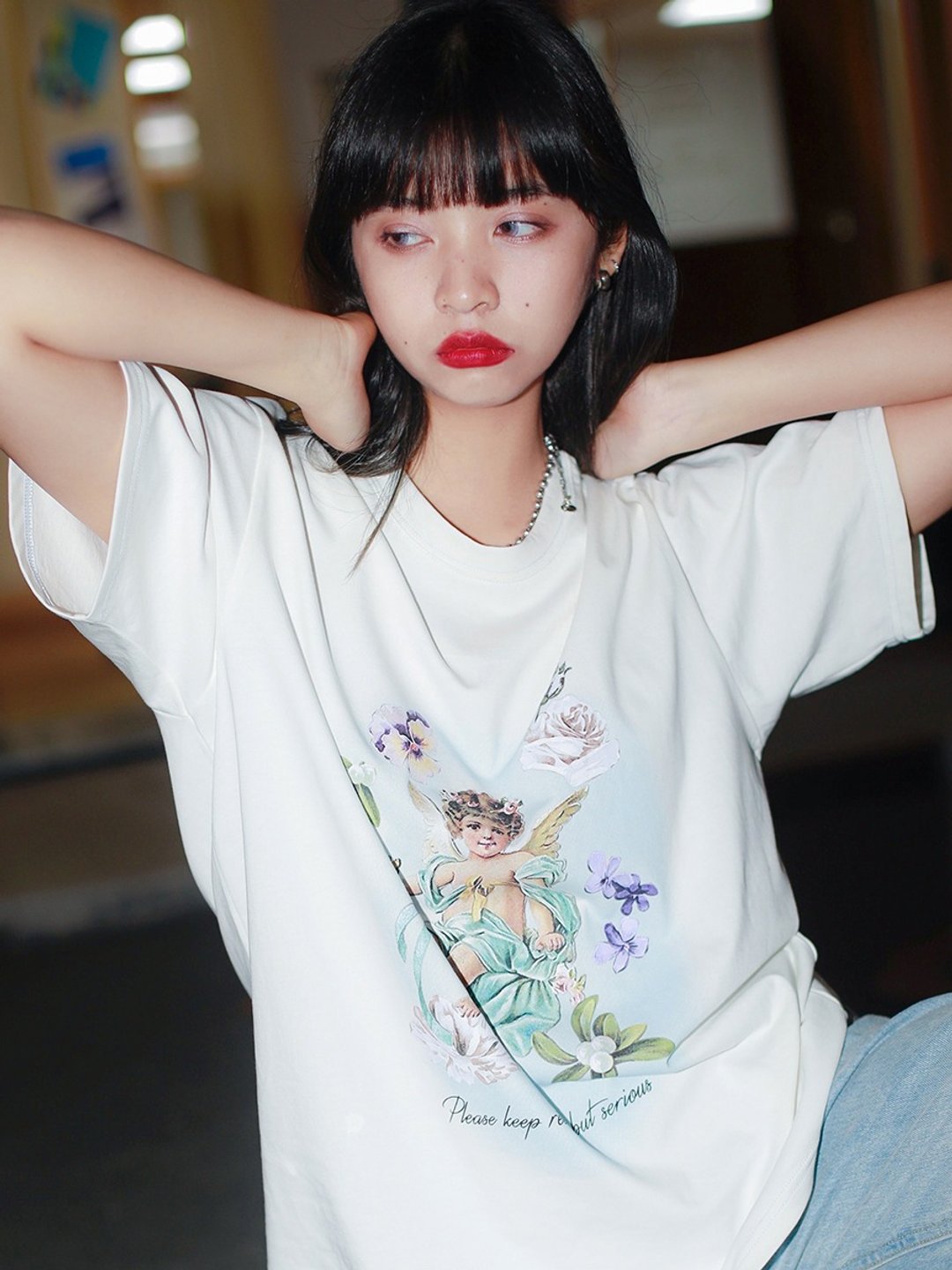ziziFei软妹短袖t恤女2021年新款女宽松薄荷绿上衣印花体恤复古 - 女装 T 恤 - 棉．麻 白色