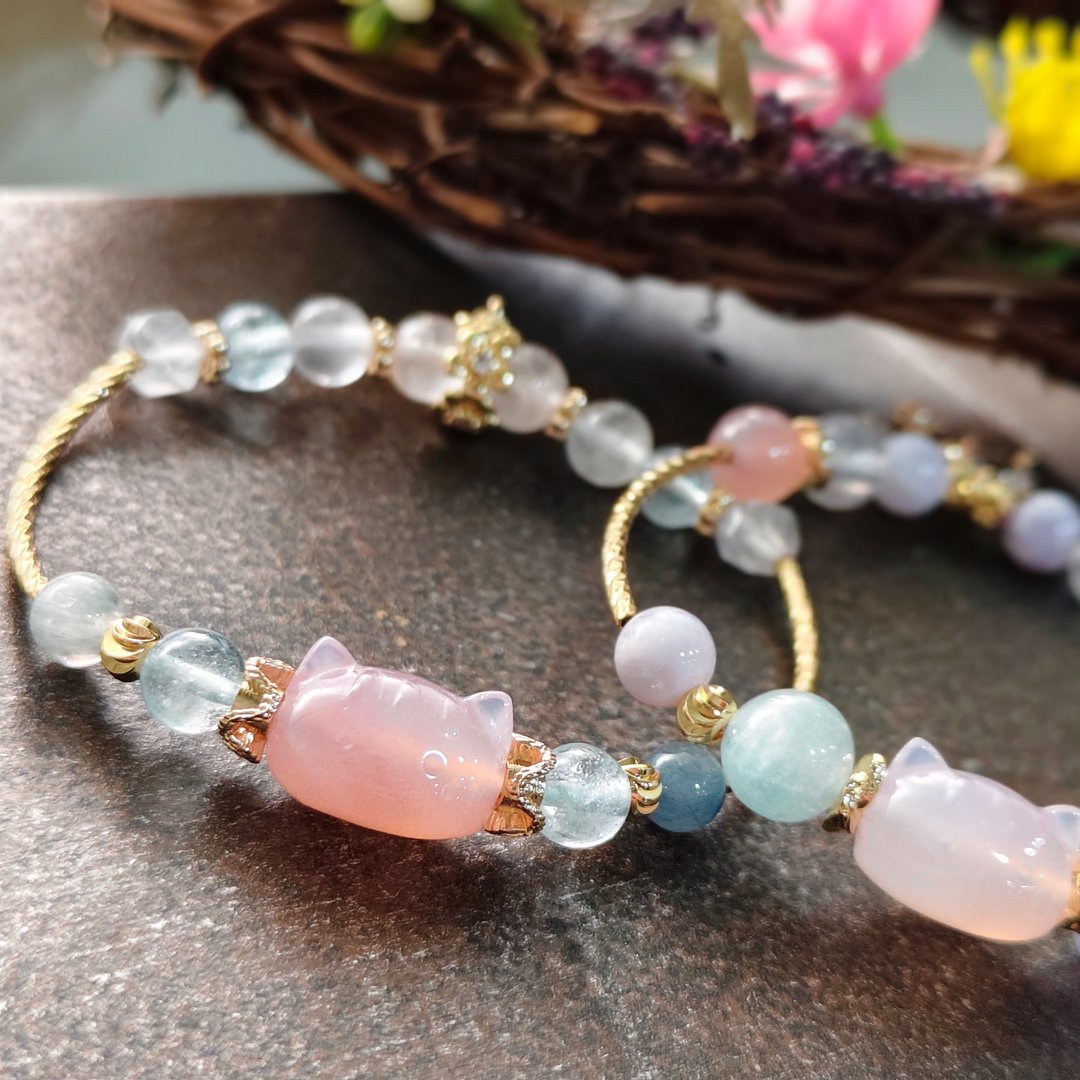 【绯红猫头水晶手链】 - 手链/手环 - 水晶 粉红色