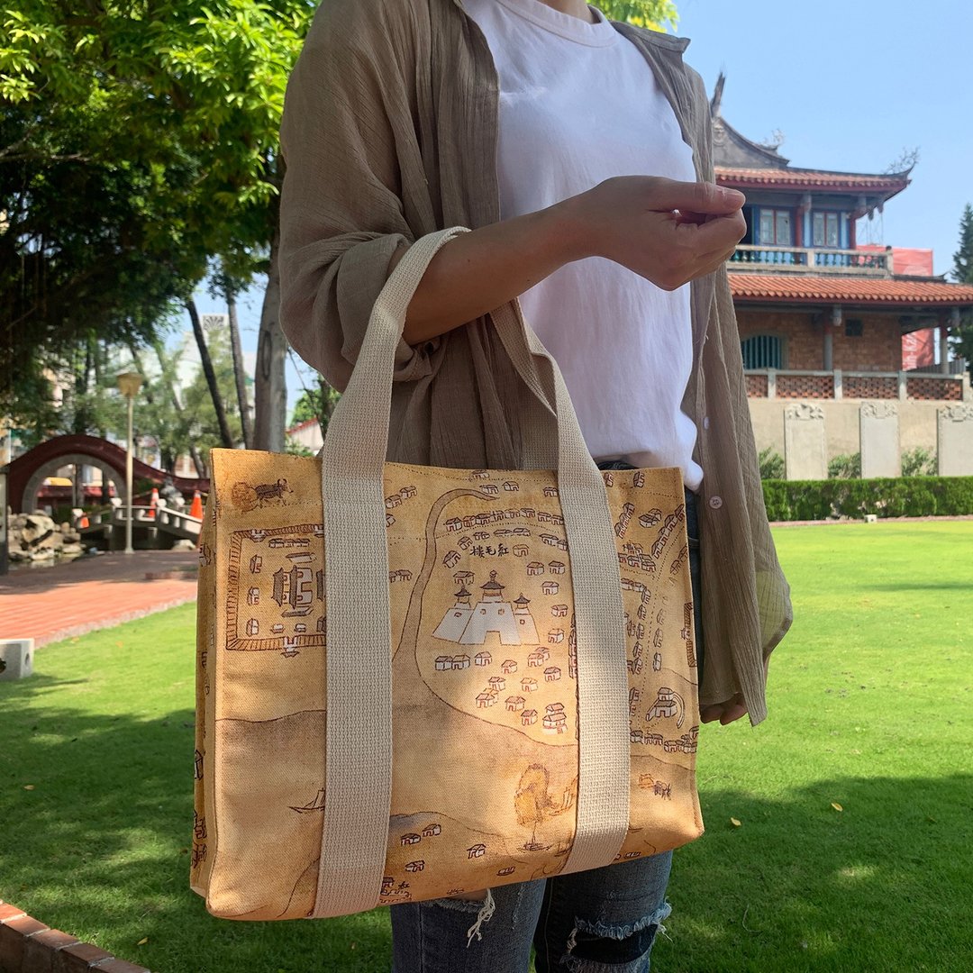 台南四百年系列_古地图_印花托特包 - 手提包/手提袋 - 棉 卡其色
