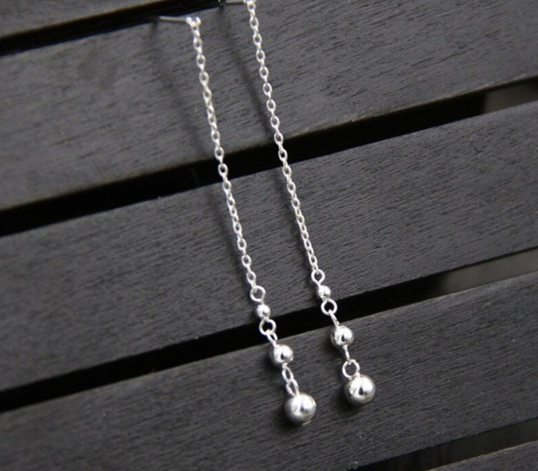 Genuine S925 Sterling Silver Chains Tassel Earrings for Women Handmade Beading - 耳环/耳夹 - 纯银 银色