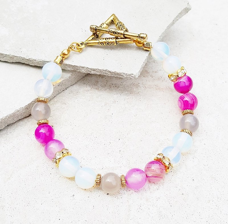 <勇气光轮-恋情> 玫红玛瑙x蛋白石x灰玛瑙手链   定制化礼物 - 手链/手环 - 其他金属 白色