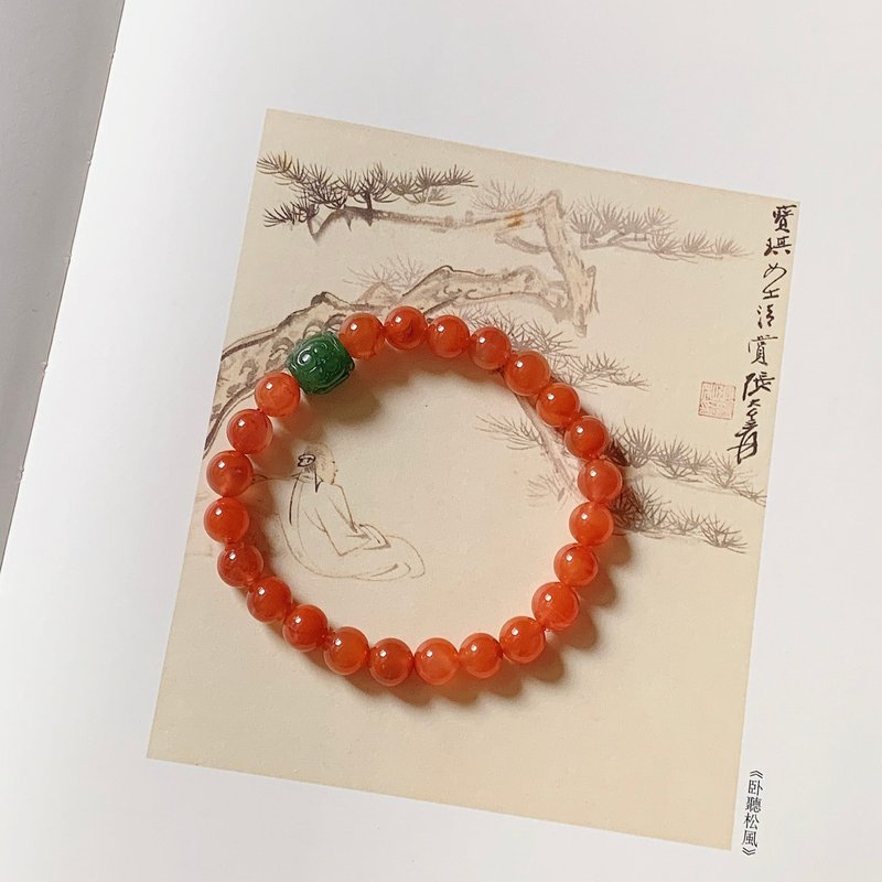 暮色归。天然九口料冰飘红玛瑙手链 碧玉如意桶珠手串 礼物玉石 - 手链/手环 - 玉石 红色
