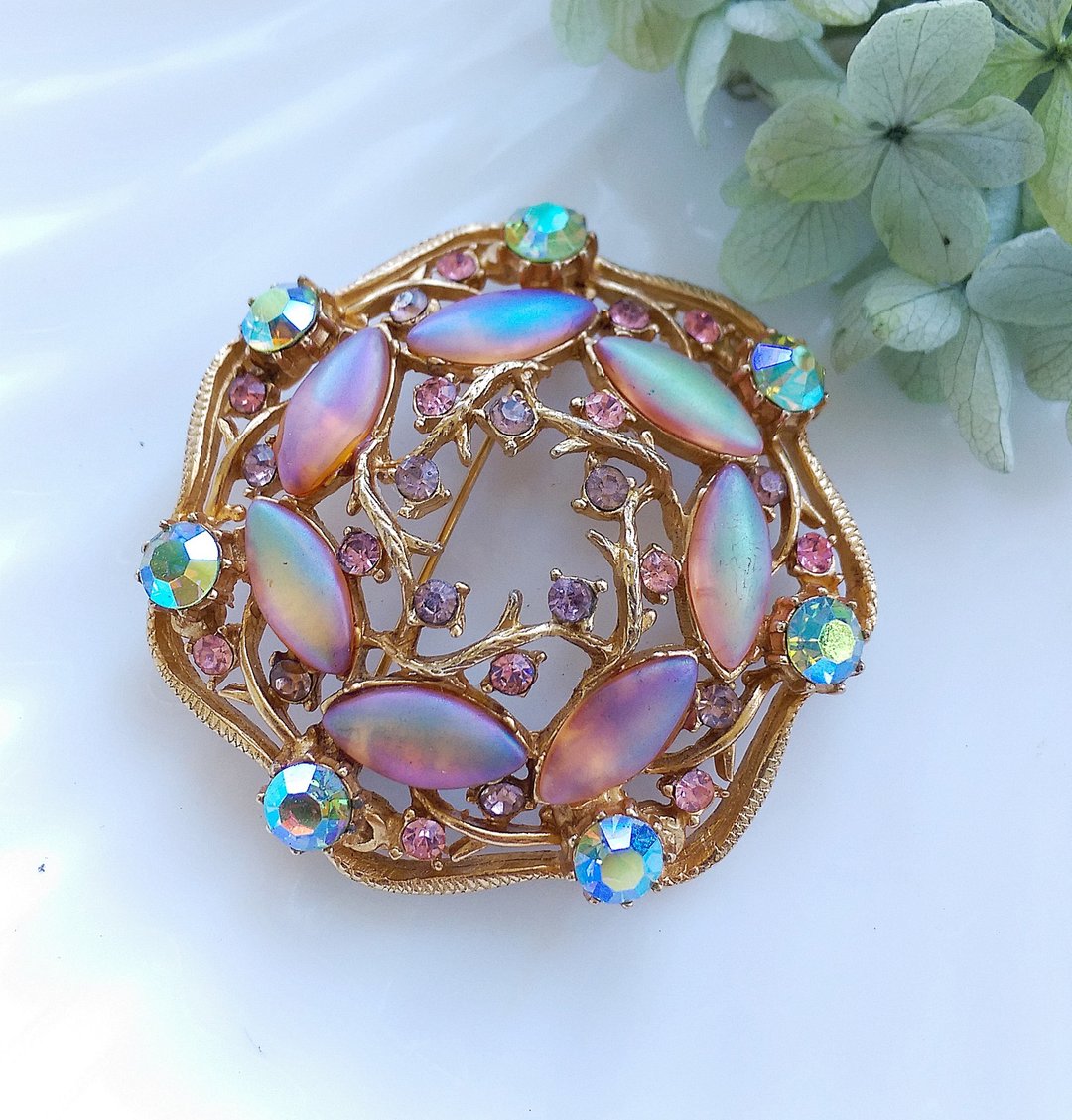 Vintage Jewelry 西洋古董饰品 FLORENZA  细致 粉嫩霓光 别针 - 徽章/别针 - 其他金属 金色