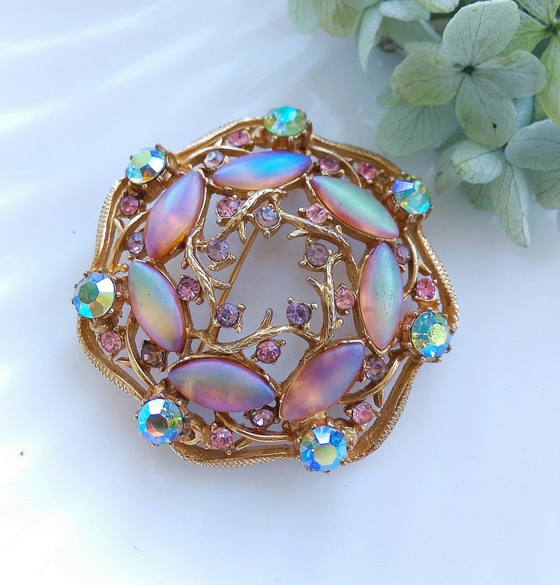 Vintage Jewelry 西洋古董饰品 FLORENZA  细致 粉嫩霓光 别针 - 徽章/别针 - 其他金属 金色