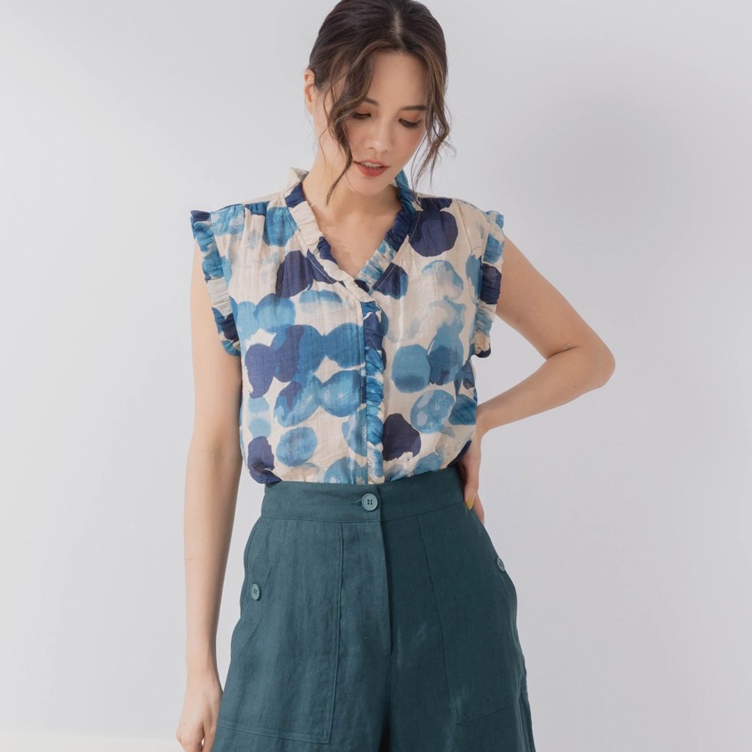 【MEDUSA】圆点晕染小荷叶丝质背心 (M-XL) | 女装 无袖上衣 - 女装衬衫 - 棉．麻 蓝色