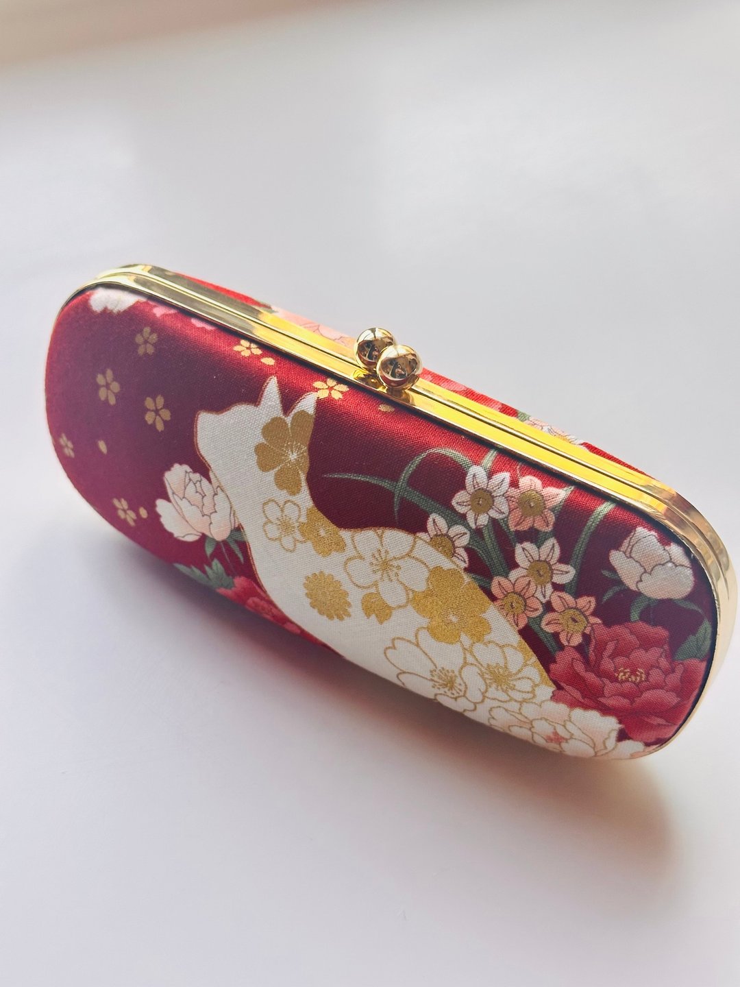 红底金花猫咪眼镜盒/笔盒/首饰盒 - 铅笔盒/笔袋 - 棉．麻 红色