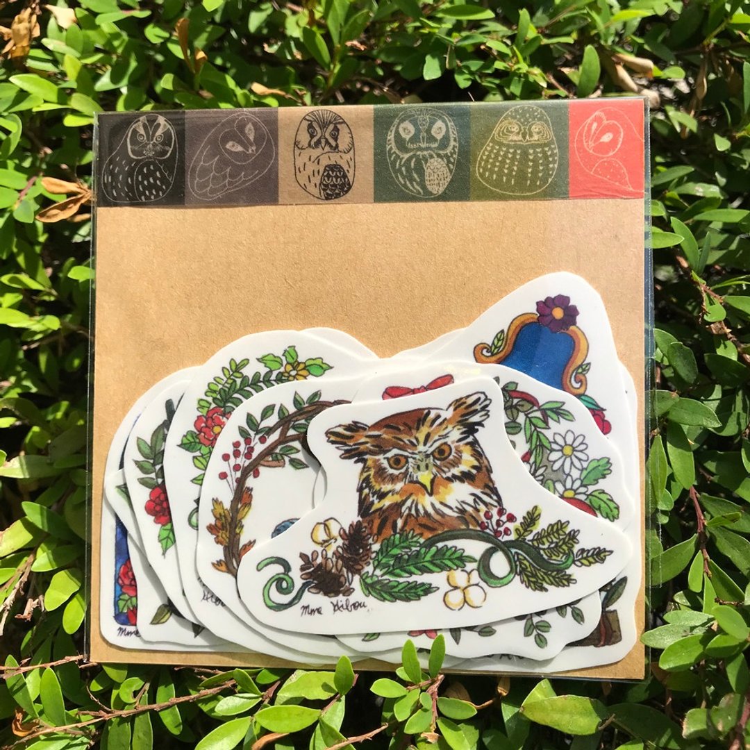 插画手剪贴纸-猫头鹰和花花草草 - 贴纸 - 纸 多色