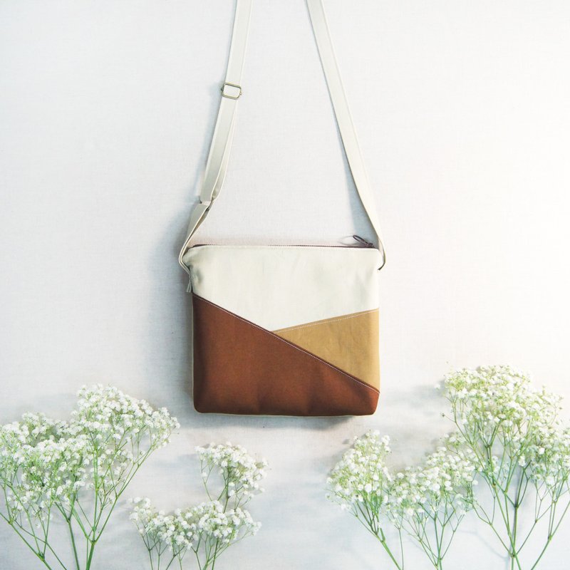 现货手作拼色肩背斜背可可包 - 侧背包/斜挎包 - 棉．麻 咖啡色